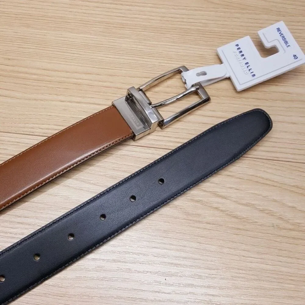 PERRY ELLIS Belt Mens Size 40 Cognac Brown Black Reversible Bonded Leather